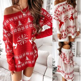 Women's Knits Tees Women Knitted Sweater Long Sleeve Slash Neck Christmas Flowers Printed Loose Commuter Pullover Autumn Winter All Match Tops T221012