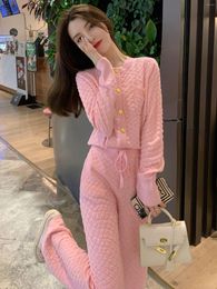 Women's Two Piece Pants Fall Winter Casual Solid Folds Knitting Set Women Single-Breasted O Neck Sweater Top Hight Waist Wide Leg Suit