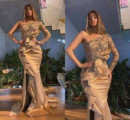 Khaki Prom Gowns One Shoulder Beaded Crystals Ruffles Evening Dresses Custom Made Side Split Party Dress