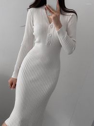 Casual Dresses Women Y2k Knit Long Sleeve Sweater Korean Dress Ladies V-neck Elegant High Waist Bodycon Slim Party Fall Winter Clothing