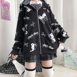 Women's Hoodies Y2k Oversized Hoodie Gothic Bear Print Black Sweatshirt Zip Up Korean Fashion Street Style Long Sleeve Women&#39;s