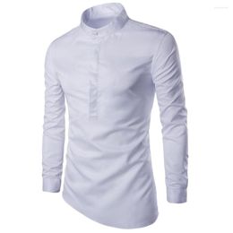 Men's Casual Shirts 2022 Autumn Trendy For Men Personality Irregular Hem Stand Collar Shirt Long Sleeve Cotton Plain White