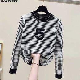 Women's Knits Tees Letter Striped Knitted Sweater Top 2022 Autumn Korean Vintage Elegant Ladies Pullover Jumper Long Sleeve O-neck Chic Knitwear T221012