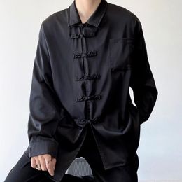 Men's Casual Shirts Men Chinese Button Vintag Streetwear Fashion Long Sleeve Satin Loose Shirt Male Japan Harajuku Dark Black