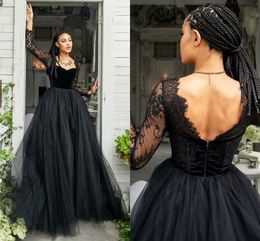 Modern Black Veet A Line Wedding Dresses 2023 With Long Sleeves Sexy Backless Sweep Train Gothic Bridal Party Gowns Robe De Marriage 322