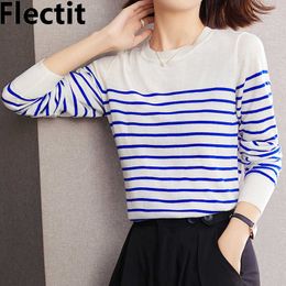 Women's Knits Tees Flectit Classic Breton Striped Sweater Long Sleeve Round Neck Knit Jumper Navy Sailor French Vintage Outfit T221012