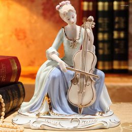 Decorative Figurines Ceramic Character Ornament Girl Playing Cello Retro European Style Women Porcelain Handicraft Ornaments Home Decoration