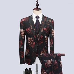 Men's Suits Flowers Men 2022 Korean Slim Three-piece Tide Male Fancy Suit Host Show Dress Groom/ Jacket Pants Vest Oversized #1855