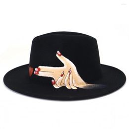 Berets 2022 Arrivel Wholesale High Quality Wool Jazz Panama Fedora Hat Hand-painted Wide Brim Flat Eaves