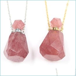 Pendant Necklaces Natural Stberry Quartz Gold Siery Per Bottle Pendant Necklace For Women Crystal Essential Oil Diffuser Jewellery 808 Dh6Vw