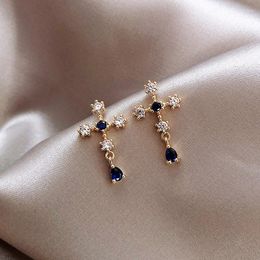 Stud Earrings Dainty Bridal Cross Zirconia Wedding Luxury Female Blue White Crystal Charm Gold Color For Women