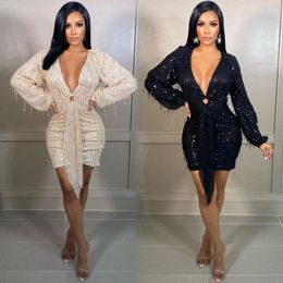 Casual Dresses INS Women Sequined Tassel Long Sleeve Tie Up Deep V-neck Bodycon Midi Dress Sexy Party Night Clubwear Pencil