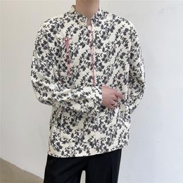 Men's Casual Shirts Chinese Style Stand Collar Belt Pullover Men Vintage Loose Long Sleeve Shirt Fashion Tops Male Japan