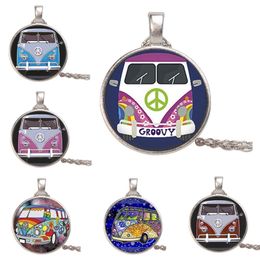 Cute Peace Bus Necklaces Cartoon Bus Flower Power Vintage Car Photo Hippie Sign Glass Dome Pendants Long Chain Jewelry