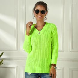 Women's Sweaters Women's Sweater Women Knitting Green Fuchsia Pink Solid V-Neck Pullovers Long Casual Loose Acrylic Knit Shirts Female