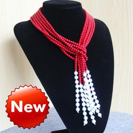 Chains Fashion 5mm Natural Red Corel&Shell Necklace Women Girls Gift Beads Round Stones 3pcs Jewelry Making Design 50inch Wholesale