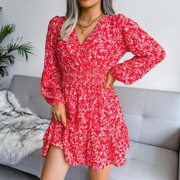 Casual Dresses Floral Red Dress Women Fashion V Neck Long Sleeve Boho Beach Ruffle Ladies Elegant Party Plus Size Mini