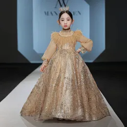 gold Lace Flower Girls Dresses Sheer Neck long Sleeves Appliques Tulle Wedding baby Pageant Dresses Party gowns For Teens