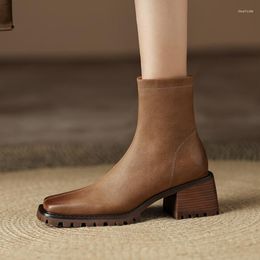 Boots Vintage Brown Leather Women Ankle Square Toe Autumn Short Riding Botas Side Zipper Platform Tenis Rain Botines Femmes