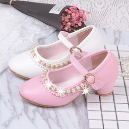 Flat Shoes Pink White Children High Heel Shoe For Kids Girls Wedding Party Leather Casual Fashion Beaded Princess Heels Elegant