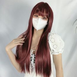 Long Straight Wigs With Bangs For Women Synthetic Natural Colour Heat Resistant Fibre Wig For Daily Party