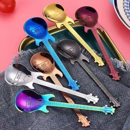 Creative 304 stainless steel small coffee spoons Guitar Violin shape dessert spoon Stirring spoon lovely titanium plated ice scoop RRE14943