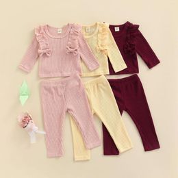 Clothing Sets 2Pcs Toddler Girls Tracksuit Solid Colour Flounce Long Sleeves Tops Elastic Waist Pants Set For Kids 6 Months To 3 Years