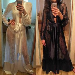 Women's Sleepwear Lace Robe Women See Through Long Nightwear Female Black White Gown Bathrobe Nightdress Underwear Dress