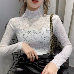 Women's Blouses Women Lace Shirt Turtleneck Long Sleeve Sexy Mesh Hollow Out Tops Fashion Solid Black White Spring Autumn Pullovers