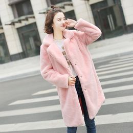 Women's Fur Winter Jacket Long Fashion Solid Color Sleeve Lapel Faux Warm Parker Coat Ms.