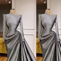 Mermaid Grey Saudi Arabic Long Sleeves Evening Dresses Wear Major Beading Sequins Taffeta Prom Dress vestidos de Formal Party Gowns