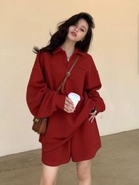 Women's Tracksuits Women 2 Piece Waffle Tracksuit Sweatshirt And Shorts Sets Korean Fashion Oversized Pullover Sweater Top High Waist