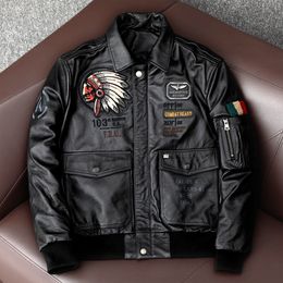 メンズレザーフェイクインディアン刺繍飛行スーツ自然の本物のコートカウハイドモーターサイクルジャケットスリムファッション服221012