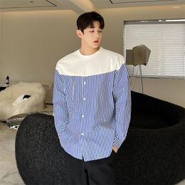 Men's Casual Shirts Pullover Shirt Men Stipe Splice Collarless Long Sleeve Loose Youth Fashion Male Streetwear Cityboy Blouses