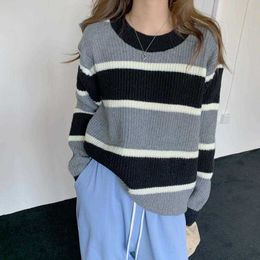 Women's Knits Tees Retro Japanese Lazy Wind Sweater Women's Loose Autumn Winter 2022 Fashion New Striped Round Neck Long Sleeve Knitted Jacket T221012