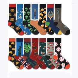 Men's Socks Fashion Funny Big Size Alien Delicious Food Print Colourful Snacks Burgers Happy Harajuku Skate Cotton Sokken