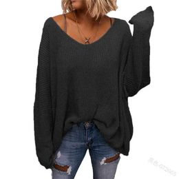 Women's Knits Tees Women's Sweater Spring Autumn Fashion Loose Pullover Knitted Sweater Women's Casual Long Sleeve V-neck Solid Colour Sweater Top T221012