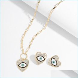 Pendant Necklaces High-End Angel Eye Pendant Necklaces Earrings Set Simple Retro Diamond Clavicle Chain Alloy Rhinestone Earring Fre Dhuvv