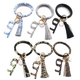 Leather Keychain Bracelet Bangle Round Key Hands Free Ring Large Circle With Door Opener Wll1730