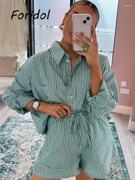 Women's Tracksuits Striped Casual Blouse Shorts Matching Sets Two Pieces Jumpsuits Loose Retro Shirt Women Suits Spring Autumn Outfit