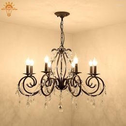 Chandeliers Chandelier Black Crystal 6 Light Elegant Iron Ceiling Fixture For Bedroom Farmhouse