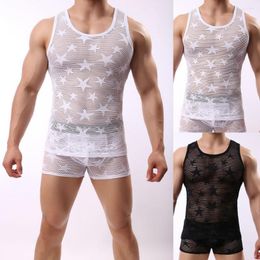 Undershirts Sleepwear Five-pointed Star Pure Colour Vest Sexy Men Mesh For Sleeping