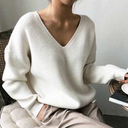 Women's Knits Tees Women Sweater Autumn Winter Spring V-Neck Simple Casual Knitted Sweater White Black Pullover Femme jumper T221012