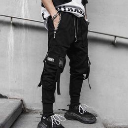 Joggers Cargo Pants for Men Casual Hip Hop Hit Color Pocket Male Trousers Sweatpants Streetwear Ribbons Techwear Pants X0723