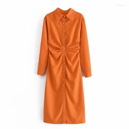 Casual Dresses Women's Shirt Button Midi Dress Solid Bodycon Long Sleeve Robes Ladies Orange Party Vestidos Sexy Slim Elegant