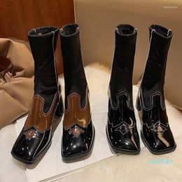 Boots Women's Mid-calf Lady Square Retro Mid-tube Elastic Fashion Shoes Female Thick High Heels Mixed Color Short Boot