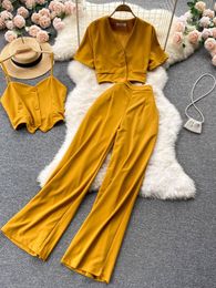 Women's Two Piece Pants Summer Camisole Short V-neck Coat High Waist Wide Leg Trousers Three-piece Set Female Women 2022 Korean Fashion Suit