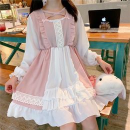 Casual Dresses Japanese Lolita Dress For Teens Soft Girl Harajuku Kawaii Schoolgirl Fairy Gothic Autumn Women Splicing Ruffles Cute