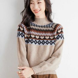 Women's Knits Tees Fall Winter Women Stand Up Collar Vintage Sweater Argyle Lazy Loose Warm Chic Jumper Christmas Knitted Pullover 2022 T221012