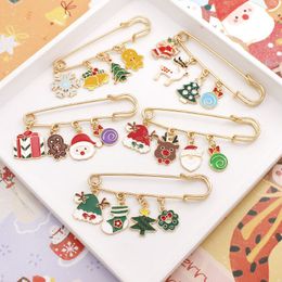 Merry Christmas Brooch Xmas Tree Santa Claus Glove Sock Snowman Deer Snowflake Pendant Chain Tassel Needle Pins Party Jewelry